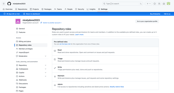 Repository roles screen
