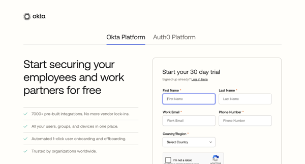 Okta Free Trial Account - Workforce Identity screen