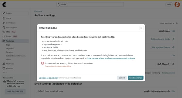 Audience settings | Mailchimp screen