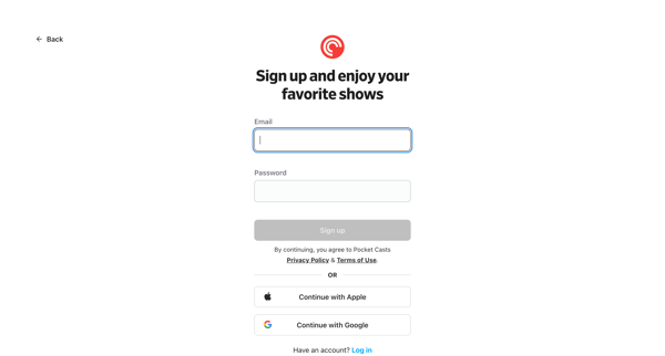 Log in - Pocket Casts screen