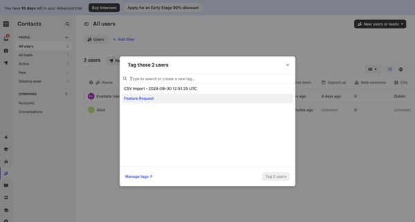 Users | Nicelydone  Intercom screen