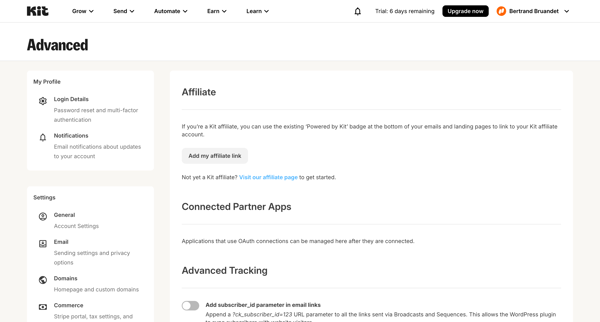 Account Settings - Kit screen