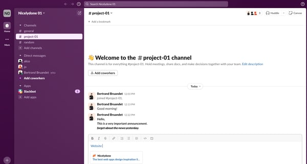 project-01 Channel - Nicelydone 01 - Slack screen