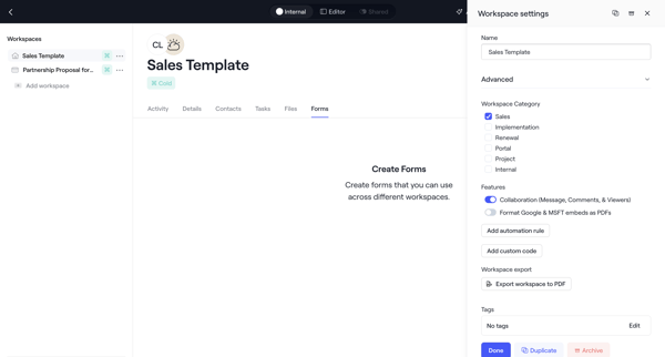 Internal · Sales Template screen