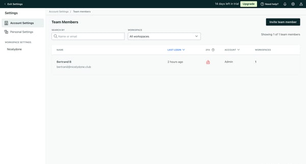 Team members | Account Settings  Customer.io screen