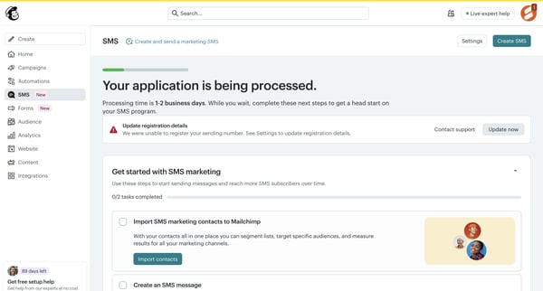 SMS | Mailchimp screen
