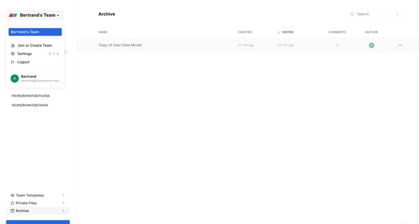 Bertrands Team Workspaces — Eraser screen