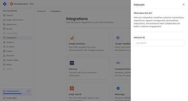 Docs Dashboard - Integrations screen