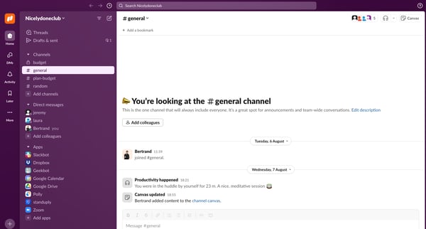 general Channel - Nicelydoneclub - Slack screen