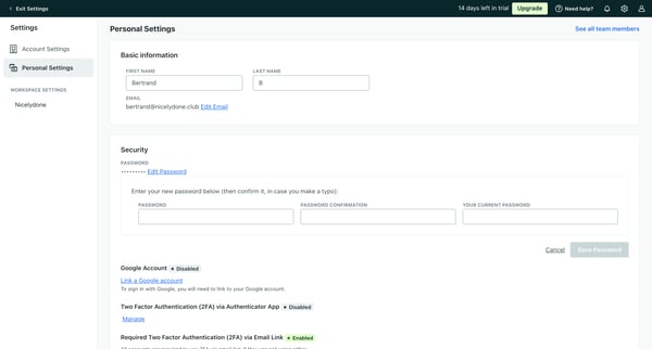Personal Settings | Customer.io screen