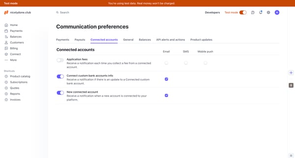 Dashboard – nicelydone.club – Stripe [Test] screen