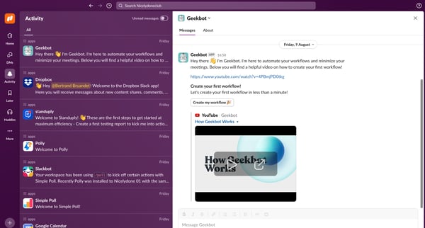 Geekbot DM - Nicelydoneclub - Slack screen