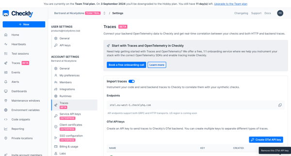 Account | Traces screen