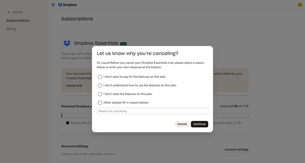 Subscriptions Management | Dropbox Basic screen