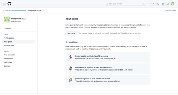 GitHub Sponsors dashboard · Goals screen