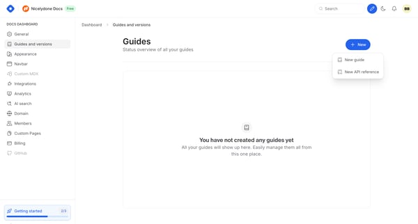 Docs Dashboard - Guides and versions screen