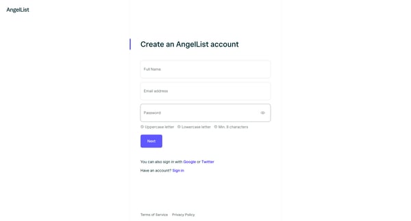 Sign Up | AngelList screen