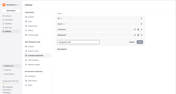 Settings › App › Company segments screen