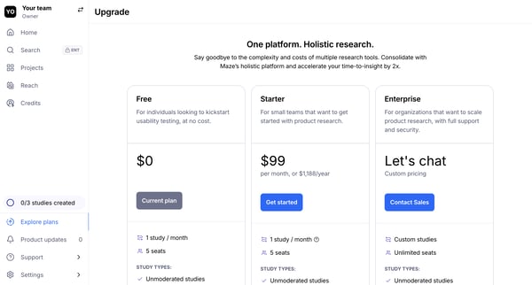 Maze - Pricing screen