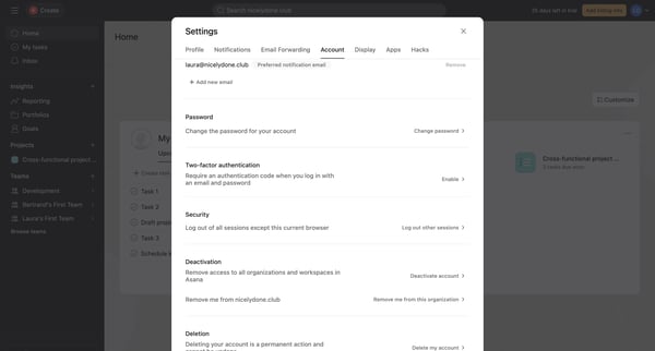 Home - Asana screen