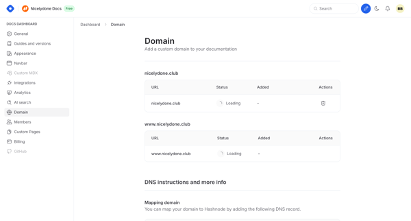 Docs Dashboard - Domain from Hashnode
