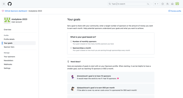 GitHub Sponsors dashboard · Goals screen