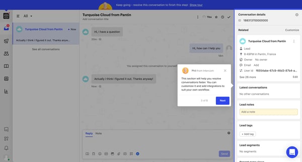 Turquoise Cloud from Pantin | Conversation  Nicelydone  Intercom screen