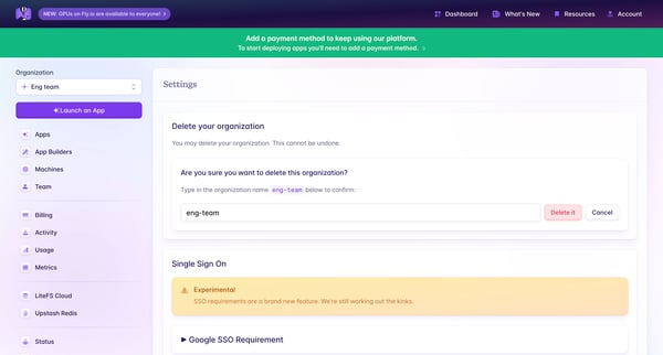 eng-team · Settings · Fly from Fly