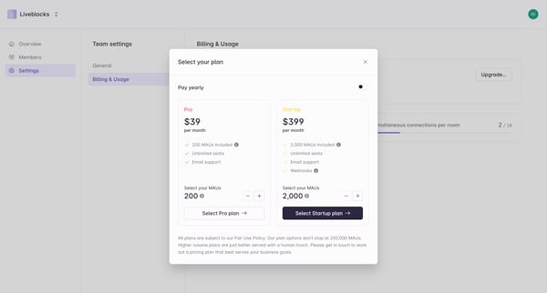 Liveblocks | Billing  Usage screen