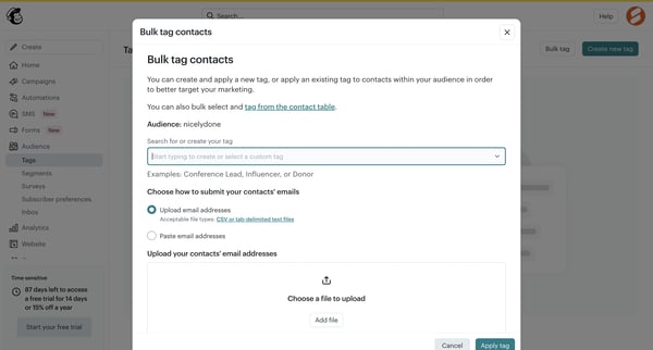 Tags | Mailchimp screen