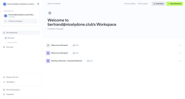 bertrand@nicelydone.clubs Workspace | Decipad screen