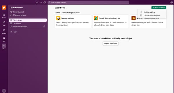 Workflows - Nicelydoneclub - Slack screen