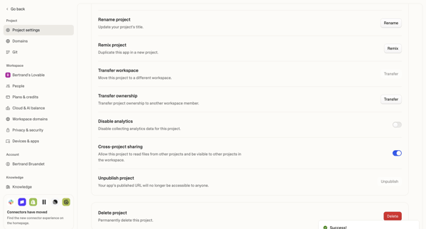 Project settings - Lovable screen