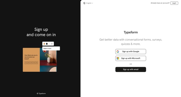 Sign up FREE | Typeform screen
