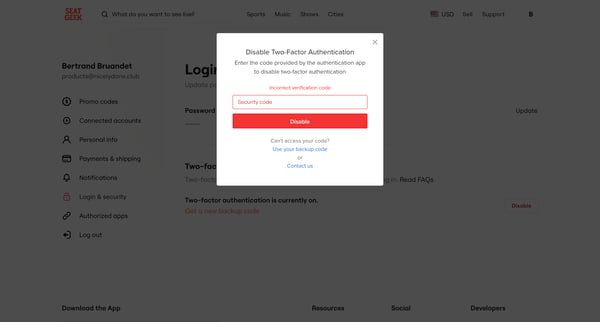 Login | Security SeatGeek screen
