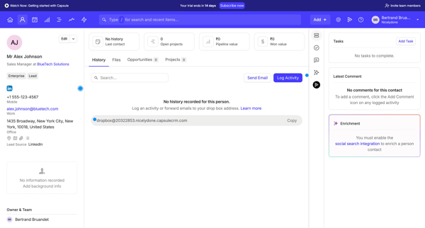 Alex Johnson | Nicelydone CRM screen