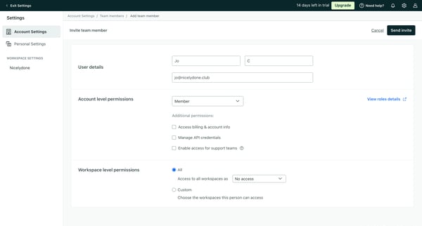 Add team member | Team members  Account Settings  Customer.io screen