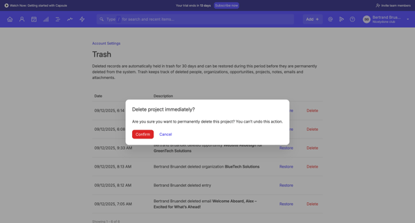 Trash | Nicelydone club CRM screen