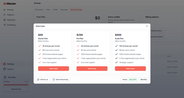 Billing Settings | Macaw screen