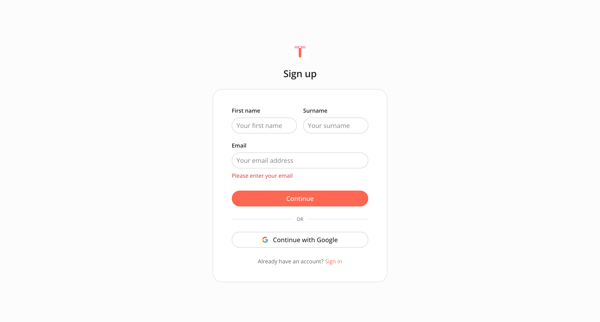 Sign up screen