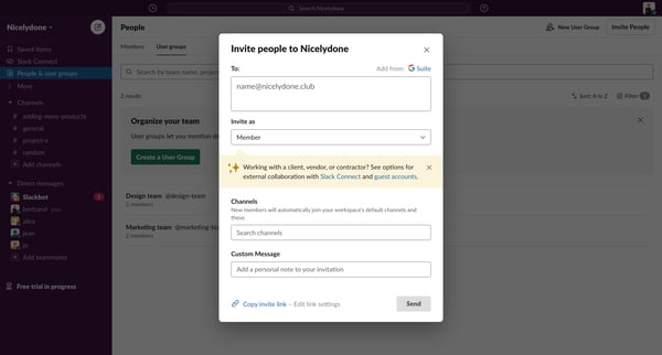 Slack | User groups  Nicelydone  1 new item screen