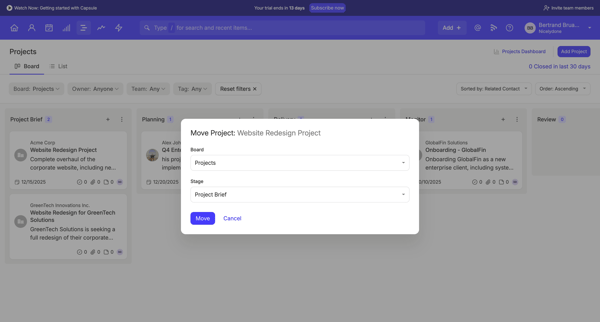 Projects Board | Nicelydone CRM screen