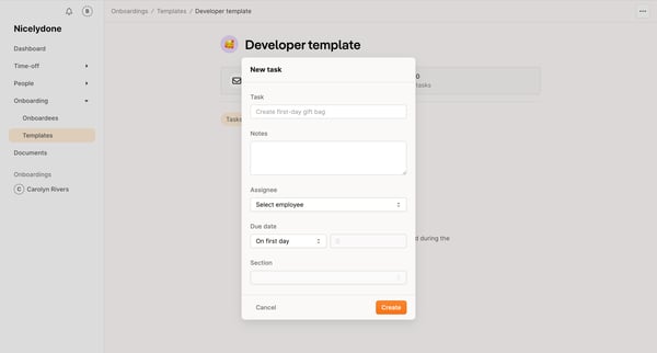 Tasks | Developer template Onboarding templates Aboard screen