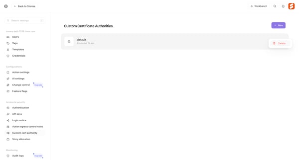 Custom Certificate Authorities - Tines screen