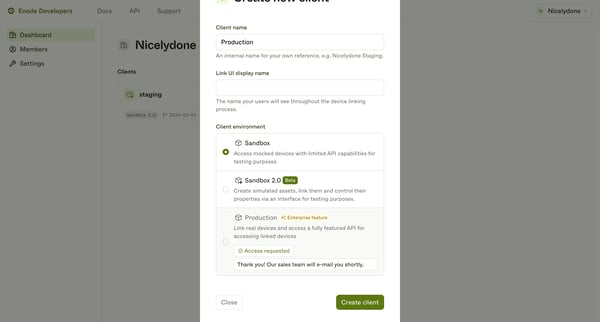 Enode Developers screen