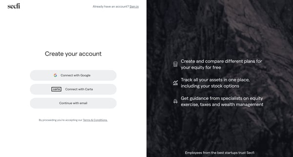 Create your account | Secfi screen