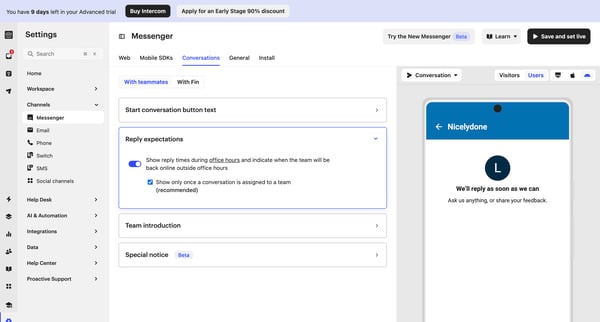 Messenger | Nicelydone  Intercom screen