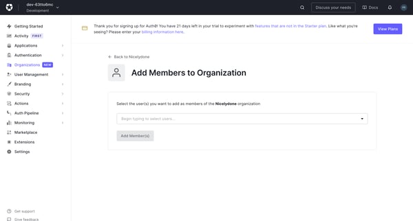 Add Members to Organization screen