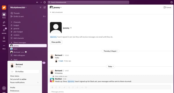 jeremy DM - Nicelydoneclub - 1 new item - Slack screen