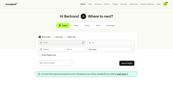 Book your next business trip — TravelPerk screen